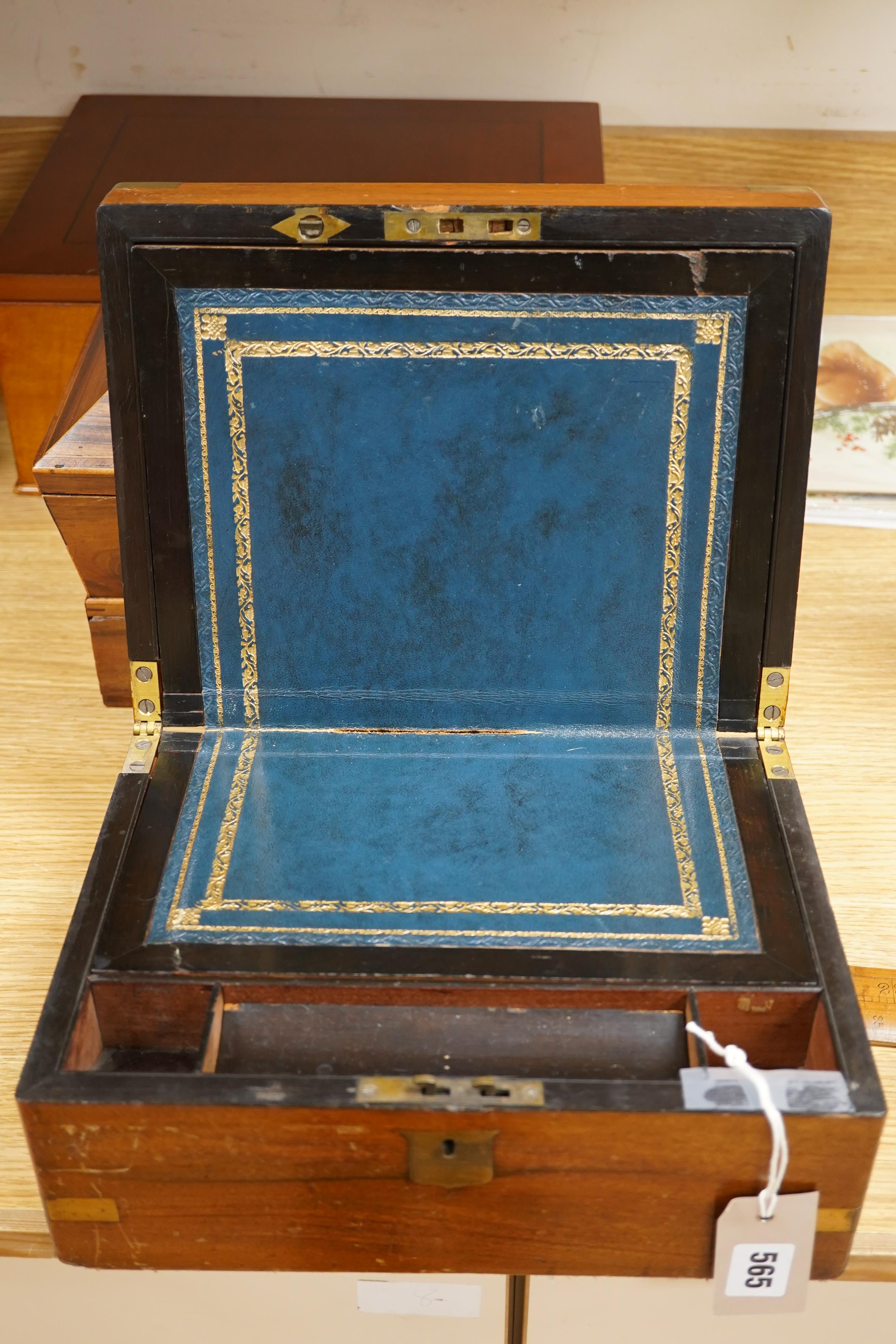 A Regency Gonçalo Alves box, a Victorian walnut writing slope and a modern cherry jewellery casket, tallest jewellery casket 20cm high. Condition - poor to fair